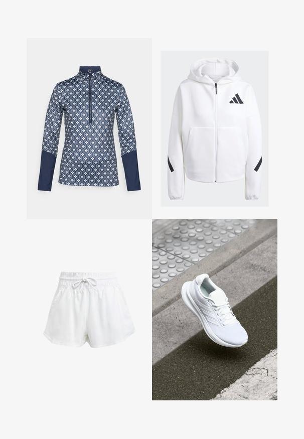 Fleece branca com fecho e preto, grandes bolsos frontais, tecido suave e texturizado, e um corte relaxado. Apresenta um capuz e o logótipo da marca no peito.; Blusa de manga longa com fecho, em azul-marinho escuro, com um padrão geométrico branco; apresenta detalhes em azul-marinho sólido nas mangas e colarinho.; Calções de desporto brancos com um cós elástico e cordão ajustável. Feitos de material leve, apresentam bolsos laterais e um corte largo.; Shoe atlético branco com parte superior em rede, design de atacadores e sola texturizada. Branding subtil e detalhes de construção sem emendas visíveis.