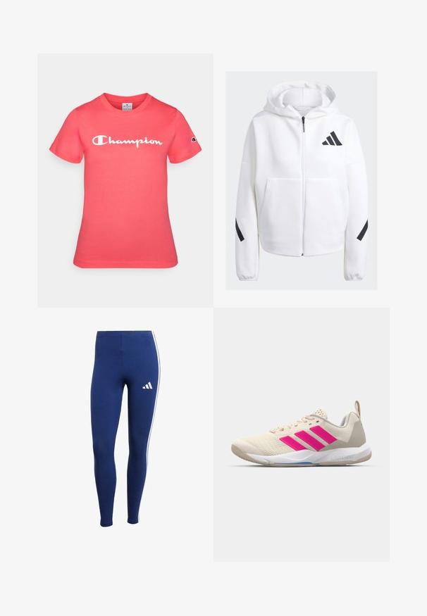 White zip-up hoodie with black accents, large front pockets, soft textured fabric, and a relaxed fit. Features a hood and brand logo on chest.; Short-sleeve t-shirt in bright coral, made of cotton, featuring a white "Champion" logo across the chest and emblem on the sleeve.; Navy blue leggings with white side stripes and a brand logo on the lower leg. Made from stretchy material for comfort and movement.; Beige athletic shoe with pink three-stripe logo, textured mesh upper, padded collar, and white rubber sole, featuring "LIGHTSTRIKE" branding.