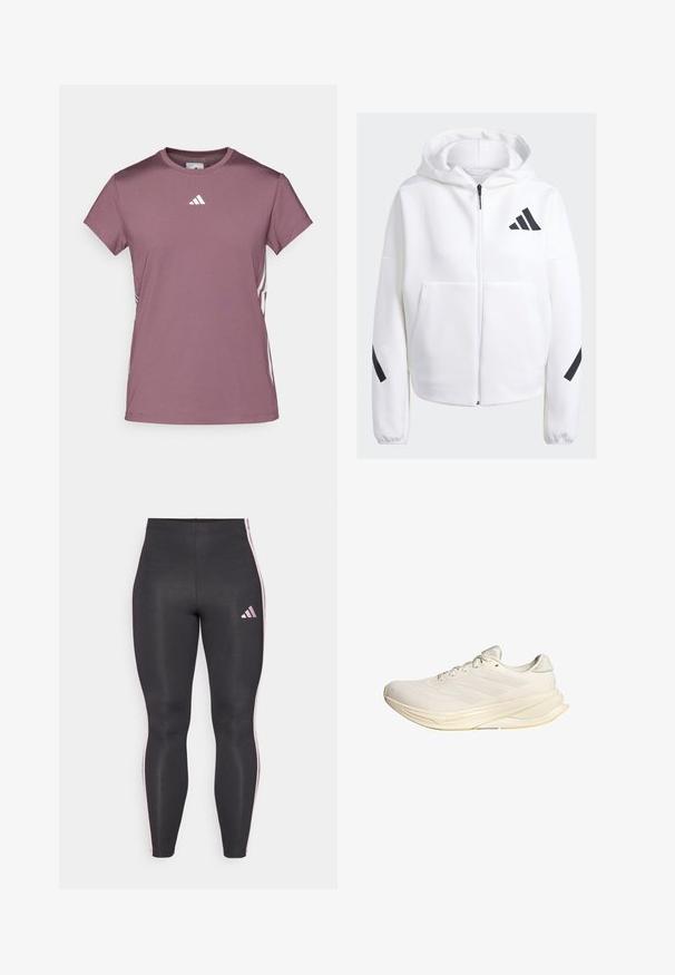 Fleece branca com fecho e preto, grandes bolsos frontais, tecido suave e texturizado, e um corte relaxado. Apresenta um capuz e o logótipo da marca no peito.; adidas Performance T-shirt desportiva - purple; Leggings pretos feitos de um tecido liso e elástico, com riscas laterais rosas e um pequeno logótipo rosa na coxa esquerda. Design ajustado.; Sapatilha desportiva bege claro com parte superior em malha, atacadores planos e sola acolchoada. Apresenta um design de três riscas no lado lateral.
