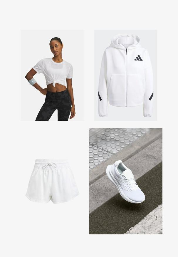 Valge tõmblukuga kapuutsiga sviiter mustade detailidega, suured ees taskud, pehme tekstuuriga kangas ja mugav lõike. Omab kapuutsi ja brändi logo rinnal.; Valge võrgust lühike topp, millel on sõlme ees, kantud koos mustade mustriga kõrge vöökohtadega retuusidega; aksessuaarina hall käevõru.; Valged spordilühikesed püksid elastse vöökoha ja reguleeritava paelaga. Valmistatud kergest materjalist, küljetaskudega ja lõdva istuvusega.; Valge sportlik king, millel on pehme võrkkangast pealis, nööriga kinnitus ja tekstureeritud tallad. Õrnad brändimistooted ja sujuvad konstruktsioonid on nähtavad.