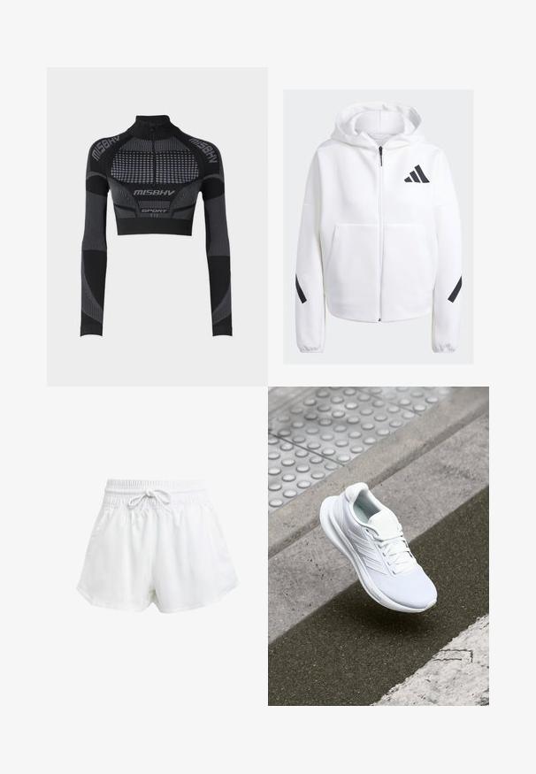 Hanorac alb cu fermoar și accente negre, cu buzunare frontale mari, dintr-un material texturat moale și cu o croială lejeră. Include o glugă și un logo al brandului pe piept.; Top sportiv negru, scurt, cu mâneci lungi, guler înalt, fermoar la jumătate, panouri texturate și linii și accente gri contrastante.; Shorts albi sportivi cu talie elastică și șnur ajustabil. Fabricate dintr-un material ușor, cu buzunare laterale și o croială largă.; Pantofii sport albi au un material superior din plasă, design cu șireturi și o talpă texturată. Detalii discrete de branding și o construcție fără cusături sunt vizibile.