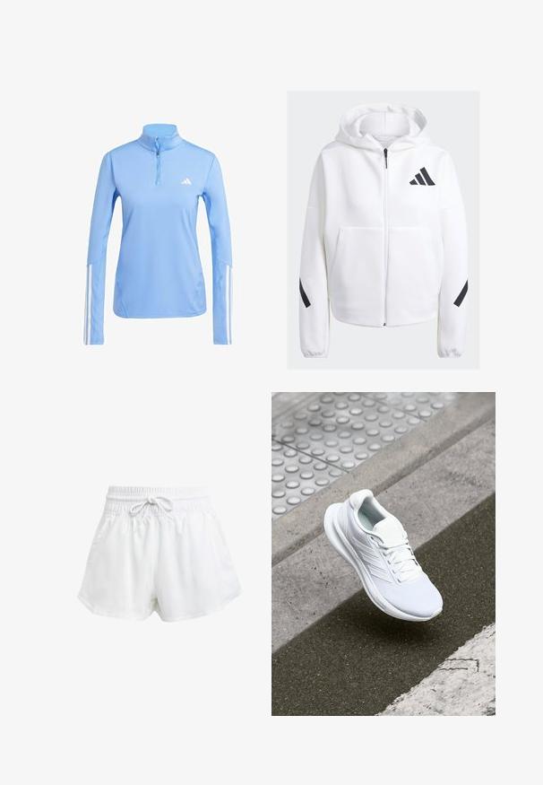 Weißer Reißverschluss-Hoodie mit schwarzen Akzenten, großen Fronttaschen, weichem Textilgewebe und lockerer Passform. Mit Kapuze und Markenlogo auf der Brust.; Helle blaue Langarmoberteil mit einem Viertelreißverschluss-Kragen, versehen mit dem weißen Adidas-Logo und drei weißen Streifen entlang der Ärmel. Glatte Stofftextur.; Weiße Sportschorts mit elastischem Bund und einstellbarem Kordelzug. Hergestellt aus leichtem Material, mit seitlichen Taschen und lockerer Passform.; Weiße Sportschuhe mit einem Obermaterial aus Mesh, Schnürdesign und strukturiertem Sohlen. Dezente Branding- und nahtlose Konstruktionsdetails sichtbar.