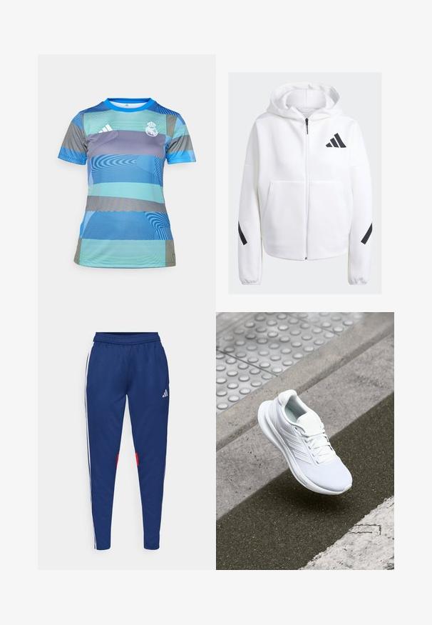 Biely zip-up sveter s čiernymi akcentmi, veľkými prednými vreckami, mäkkou textúrovanou tkaninou a voľným strihom. Obsahuje kapucňu a logom značky na prsiach.; Modrá a zelená športová dres s krátkymi rukávmi, okrúhlym výstrihom a vyšívaným logom klubu na hrudi.; Námořnické tepláky s bílými bočními pruhy, elastickým pasem a červenými akcenty poblíž lemu. Vyrobené z hladké, lehké látky.; Biele športové topánky s vrchnou časťou z sieťoviny, šnurovacia konštrukcia a textúrovaná podrážka. Zosilnené značkovanie a čisté detaily konštrukcie sú viditeľné.