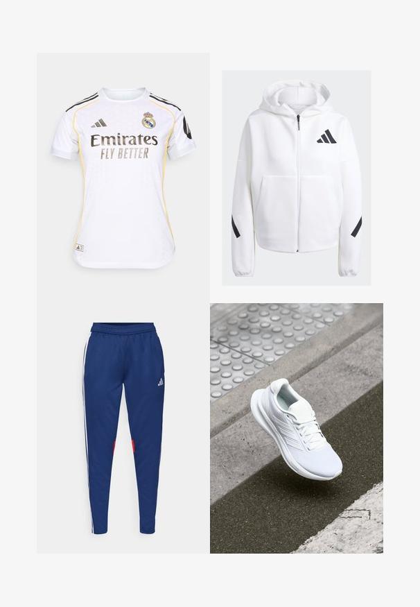 Balts zip-up džemperis ar melniem akcentiem, lieli priekšējie kabatas, mīksts teksturēts audums un brīvs griezums. Iekļauj kapuci un zīmola logo uz krūšu daļas.; Baltā futbola krekls ar melniem un dzelteniem akcentiem, ar apaļu apkakli, īsām piedurknēm un ar Real Madrid emblēmu uz krūtīm.; Zilā krāsā bikses ar baltajām sānu svītrām, elastīgu jostu un sarkaniem akcentiem apakšmalā. Izgatavotas no gludas, vieglas auduma.; Balta sporta apava, kas izgatavota no acu materiāla, ar sasaistes dizainu un teksturētu zoli. Redzamas smalkas zīmola detaļas un bezšuvju konstrukcija.