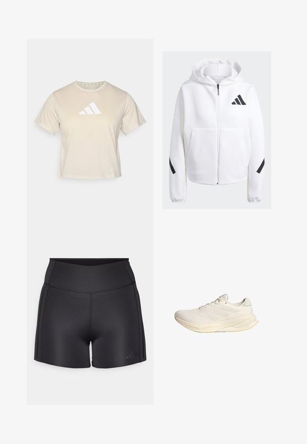 White zip-up hoodie with black accents, large front pockets, soft textured fabric, and a relaxed fit. Features a hood and brand logo on chest.; Beige short-sleeve t-shirt made of soft fabric, featuring a prominent white three-stripe Adidas logo on the chest. Classic crew neckline.; Black athletic shorts made of stretchy material, featuring a high waistband, flat seams, and a subtle Adidas logo in the lower corner.; Light beige athletic shoe with a mesh upper, flat laces, and a cushioned sole. Features three stripes design on the lateral side.