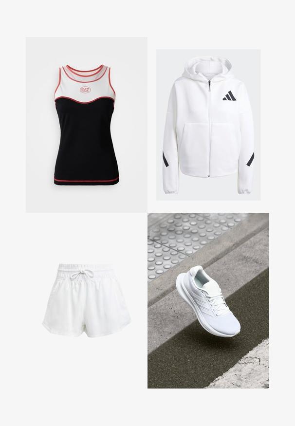 Fleece branca com fecho e preto, grandes bolsos frontais, tecido suave e texturizado, e um corte relaxado. Apresenta um capuz e o logótipo da marca no peito.; Top sem mangas a preto e branco com detalhes em vermelho. Apresenta um design curvado, costura em contraste e um logótipo EA7 na frente.; Calções de desporto brancos com um cós elástico e cordão ajustável. Feitos de material leve, apresentam bolsos laterais e um corte largo.; Shoe atlético branco com parte superior em rede, design de atacadores e sola texturizada. Branding subtil e detalhes de construção sem emendas visíveis.