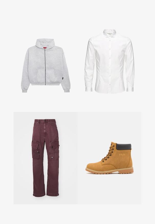 Grå zip-up hoodie i mjukt material, med en rymlig huva, två fickor fram och ribbade muddar och nederkant.; Vit långärmad skjorta med knappar gjord av mjukt tyg. Har en klassisk krage, framknappar och ärmändar med en knapp. Slim fit-design.; G-STAR UTILITY CARGO - Jeans relaxed fit - faded autumn leaves gd; Tan mockasinstövlar i mocka med en svart vadderad krage, metallöglor och texturerad gummisula. Har en präglad logotyp på sidan.