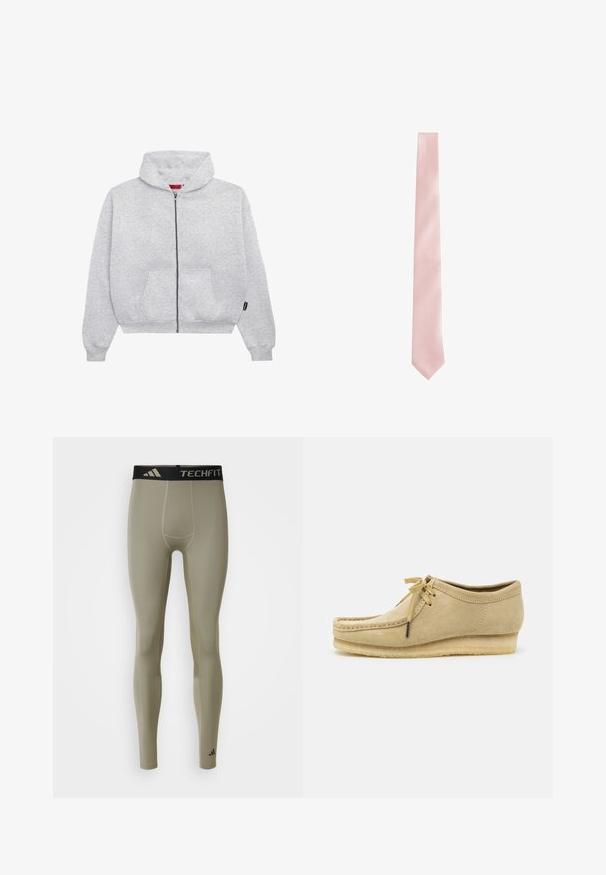 Harmaa vetoketjuhuppari, joka on valmistettu pehmeästä kankaasta. Siinä on tilava huppu, kaksi etutaskua ja ribattu resori hihansuissa ja helmassa.; Valkoinen pitkähihainen paita puuvillakankaasta. Varustettu terävällä kauluksella, napituslämmöllä ja yksittäisillä hihansuihilla. Minimalistinen muotoilu, jossa ei ole kuvioita.; adidas Performance TF BASE - Trikoot - silver pebble; Vaaleanbeige mokkasiinikenkä, jossa on nauhakiinnitys, ommeltu yksityiskohtia ja kumipohja. Muotoilu on rento, jossa on kevyt kiilakorko.; Vaaleanpunainen solmio, jossa on sileä satiinipinta ja hienovarainen vinoraitakuosi; kapeneva pää ja yhtenäinen leveys koko pituudelta.