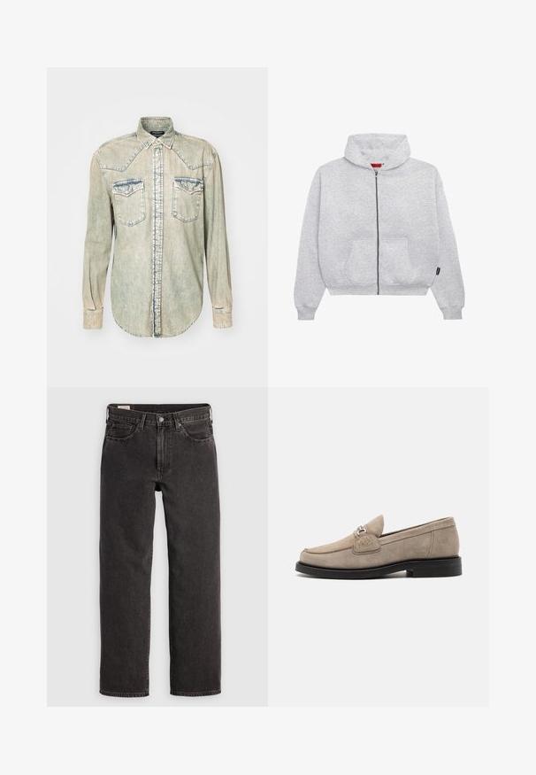 Grijze hoodie met rits, gemaakt van zachte stof, met een ruime capuchon, twee voorzakken en ribgebreide manchetten en onderkant.; Lichtgekleurde denim blouse met lange mouwen, puntige kraag, twee borstzakken en contrasterende stiksels langs de naden en randen.; Zwarte denim jeans met een rechte pijpontwerp, vijf zakken en metalen accenten. De stof heeft een lichte textuur en een effen kleurafwerking.; Beige suède loafers met een vlakke zwarte zool, voorzien van een decoratieve zilveren gesp en subtiele stiksels op de bovenkant.