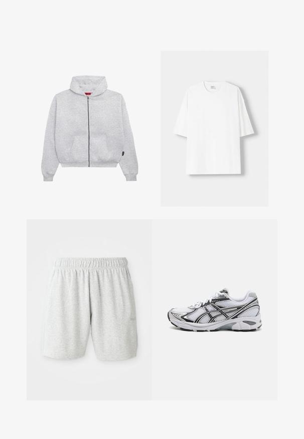 Szürke, cipzáras kapucnis pulóver, puha anyagból készült, tágas kapucnival, két elülső zsebbel, valamint bordázott mandzsettákkal és aljjal.; Fehér, rövid ujjú pamut póló, kerek nyakkivágással és laza szabással. Simább textúra, látható minták vagy díszítések nélkül.; Szürke pamut rövidnadrág, rugalmas derékkal, sima textúrával és oldalsó zsebekkel. Diszkrét logó részlet a szegélyen.; Fehér sportcipő hálós felsőrészsel, fekete részletekkel és ezüst kiegészítőkkel. Párnázott talppal és fűzős kialakítással rendelkezik a jobb tartás érdekében.