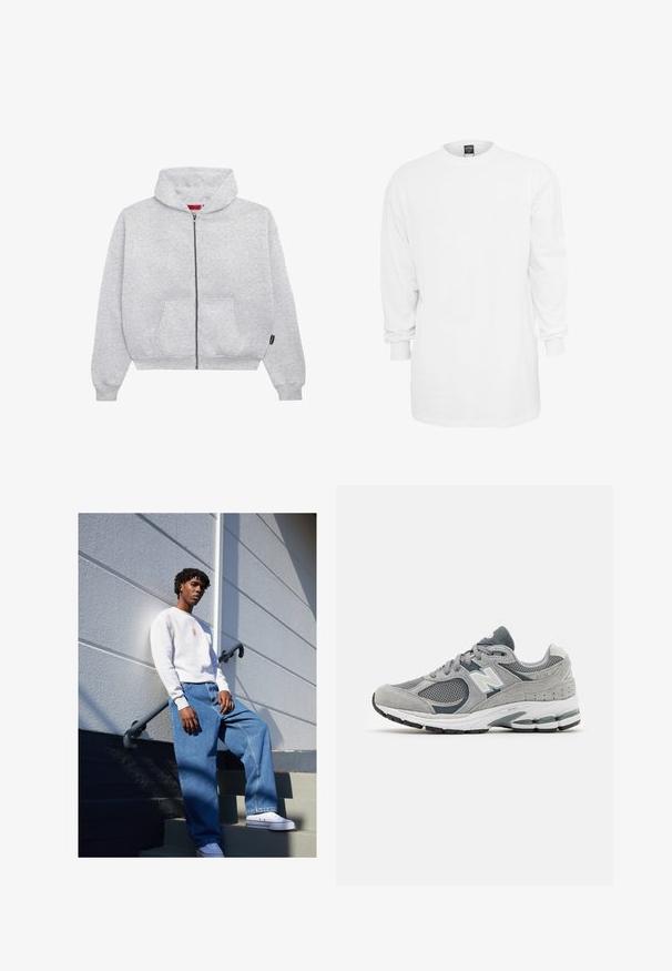 Šedá mikina na zip vyrobená z měkkého materiálu, s prostornou kapucí, dvěma předními kapsami a žebrovanými manžetami a lemem.; Dlouhý rukáv bílý bavlněný tričko s kulatým výstřihem, volný střih a žebrované manžety. Jednoduchý design, bez grafiky nebo vzorů.; Těžká bavlněná mikina s kulatým výstřihem v světle šedé barvě, s oranžovým logem, v kombinaci s volnými modrými džíny a bílými teniskami.; Šedé tenisky vyrobené z prodyšné síťoviny a semišových materiálů, s bílým logem, polstrovaným límcem a texturovanou gumovou podešví. Akcenty ve tmavě šedé barvě.