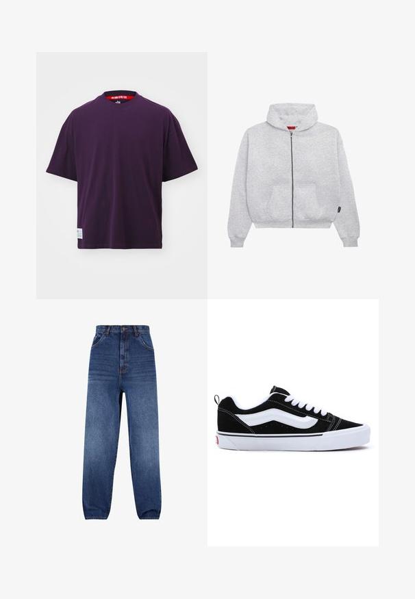 Pelēks zip-up kapuce, izgatavots no mīkstas auduma, ar plašu kapuci, divām priekšējām kabatām un ribotām piedurknēm un apakšmalu.; Violeta īsās piedurknes T-krekls, kas izgatavots no kokvilnas. Tam ir apaļš kakls un birka apakšējā kreisajā stūrī. Gluda tekstūra un brīvs piegriezums.; Tumši zilas džinsas. Augsta jostasvieta ar brīvu piegriezumu. Satur priekšējās kabatas un nenozīmīgu nodiluma efektu uz kājām.; Melnas zamšādas sporta apavus ar baltām akcentiem, ar zemu dizainu, šņorējamu aizdari un biezām baltām gumijas zolēm. Zīmola logo uz papēža.