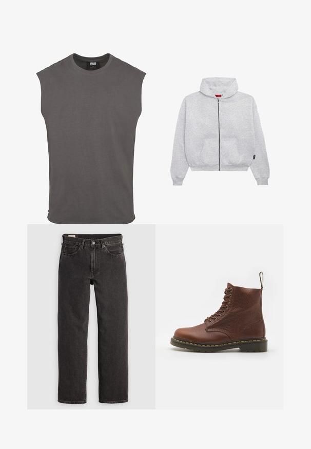 Szara rozpinana bluza z kapturem, wykonana z miękkiego materiału, z pojemnym kapturem, dwiema przednimi kieszeniami oraz ściągaczami przy mankietach i u dołu.; Szara bawełniana koszulka z krótkim rękawem, okrągłym dekoltem i luźnym krojem. Gładki wzór, miękka faktura, bez nadruków i widocznych dodatków.; Czarne dżinsy denimu o prostym kroju, pięć kieszeni i metalowe elementy. Materiał ma lekka fakturę i jednolity kolor.; Brązowe skórzane buty za kostkę z sznurówkami o teksturowanym wykończeniu, żółtym przeszyciem i solidną podeszwą. Posiadają pętelkę z tyłu.