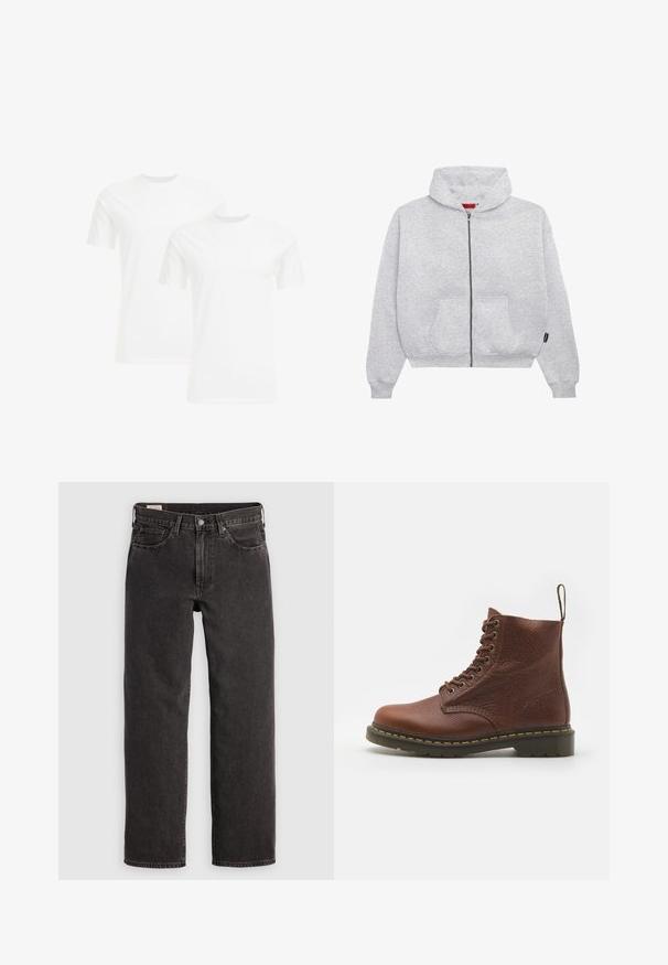 Šedá mikina na zips vyrobená z mäkkej tkaniny, s priestrannou kapucňou, dvoma prednými vreckami a rebrovanými manžetami a spodným lemom.; Dvoje bielych bavlnených tričiek s krátkymi rukávmi a okrúhlym výstrihom, s hladkou textúrou a jednoduchým dizajnom, usporiadaných v zvislej pozícii.; Čierne denimové džínsy so strižou rovného strihu, piatimi vreckami a kovovým hardvérom. Tkanina má jemnú textúru a jednofarebný povrch.; Hnedé kožené šnurovacie členkové topánky s textúrovaným povrchom, žltým prešívaním a pevným podošvou. Má pútko vzadu.