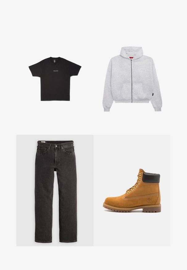 Grijze hoodie met rits, gemaakt van zachte stof, met een ruime capuchon, twee voorzakken en ribgebreide manchetten en onderkant.; Zwarte katoenen t-shirt met een ronde hals en korte mouwen, met een klein wit "VOLCOM" logo gedrukt in het midden voorop.; Zwarte denim jeans met een rechte pijpontwerp, vijf zakken en metalen accenten. De stof heeft een lichte textuur en een effen kleurafwerking.; Tan suède enkelboot met zwart gevoerd kraagje, gouden metalen oogjes, witte stikdetails en een robuuste rubberen zool met uitgesproken profiel.