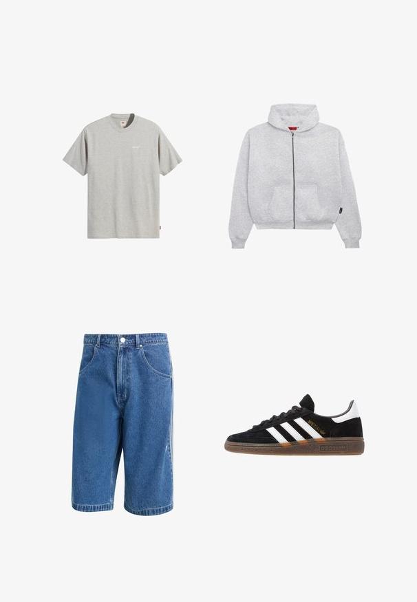 Šedá mikina na zip vyrobená z měkkého materiálu, s prostornou kapucí, dvěma předními kapsami a žebrovanými manžetami a lemem.; Šedé bavlněné tričko s kulatým výstřihem, krátkými rukávy a malým bílým logem "Levi's" na hrudi. Jednoduchý a rovný střih.; Džínové šortky ve středně modré barvě, s klasickým střihem, pěti kapsami a kovovým zapínáním. Mírně opotřebovaný vzhled látky.; Černé tenisky Adidas se bílými pruhy, zlatým textem "Spezial", gumovou podešví a bílou patní částí, zobrazené v bočním pohledu.