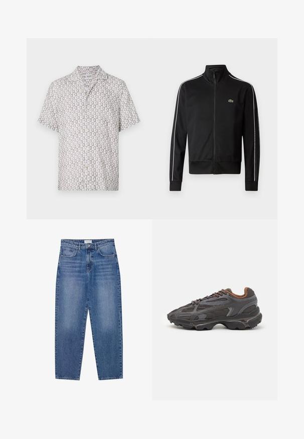 Svart zip-up treningsjakke laget av glatt stoff, med hvite sidelister og en liten grønn logo på brystet. Høy krage-design.; Kortermet skjorte laget av lett stoff, med et geometrisk mønster i lys grå og hvit, med krage og knappelukking foran.; Blå denim jeans med høy midje, rett bendesign og falmet finish. Har fem lommer og knappelukking.; Lacoste-sneakers i mørkegrått med mesh- og syntetisk materiale, med en teksturert såle og brune detaljer på kragen og merket.