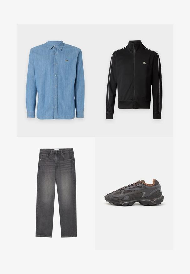 Juodas užtrauktukas sportinis švarkas, pagamintas iš lygios medžiagos, su baltais šonų dryžiais ir mažuoju žaliu logotipu krūtinėje. Aukšto apykaklės dizainas.; Šviesiai mėlynas džinsinis marškiniai su mygtukų tipo apykakle, ilgomis rankovėmis ir maža siuvinėta logo kairiajame krūtinės šone. Savybės: mygtukų uždarymas priekyje.; Tamsiai pilkos džinsinės kelnės su tiesiu kirpimu, turinčios penkias kišenes, priekinį knopkopį ir švelnų išblukimą audinyje.; Lacoste sportbačiai tamsiai pilki, pagaminti iš tinklinės ir sintetinių medžiagų, su tekstūruotu padu ir rudomis detalėmis ant apykaklės bei prekės ženklo.