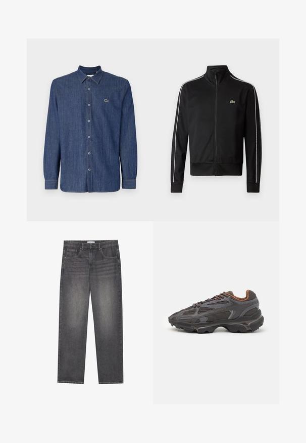 Sort lynlås trackjakke lavet af glat stof, med hvide sidelommer og et lille grønt logo på brystet. Høj krave-design.; Mørkeblå denimskjorte med lange ærmer, der har en button-down krave, frontknapper og et lille grønt logo på brystet.; Mørkegrå denimjeans med lige ben, der har fem lommer, en frontlukning med knap og diskret falmning over stoffet.; Lacoste sneakers i mørkegrå med mesh og syntetisk materiale, udstyret med en tekstureret sål og brune accenter på kraven og brandingen.