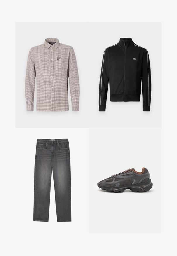 Fekete, sima anyagból készült, cipzáras sportdzseki, fehér oldalsávokkal és egy kis zöld logóval a mellkasán. Magas galléros kialakítás.; Kockás, bézs és barna színű ing, hosszú ujjú, gallérral és egy kis hímzett logóval a mellzsebén.; Sötétszürke vászon farmernadrág egyenes szabással, öt zsebbel, elöl gombos záródással és enyhe halványodással az anyagon.; Sötét szürke Lacoste sportcipők hálós és szintetikus anyagból, textúrázott talppal és barna díszítésekkel a nyak részen és a logón.