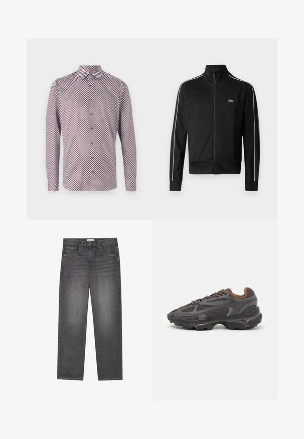 Black zip-up track jacket made of smooth fabric, featuring white side stripes and a small green logo on the chest. High collar design.; Long-sleeve button-up shirt in white with a red and navy geometric pattern. Features a collar, cuffs, and a straight cut.; Dark gray denim jeans with a straight cut, featuring five pockets, a front button closure, and subtle fading across the fabric.; Lacoste sneakers in dark gray with mesh and synthetic material, featuring a textured sole and brown accents on the collar and branding.