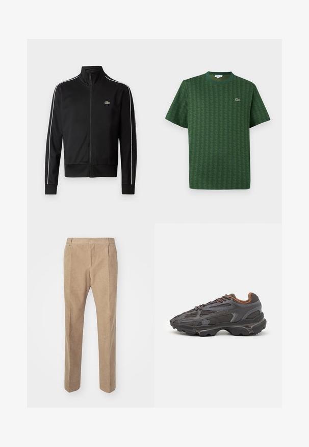 Schwarze Zip-Jacke aus glattem Stoff mit weißen Seitenstreifen und einem kleinen grünen Logo auf der Brust. Hoher Kragen.; Grünes T-Shirt aus Baumwolle mit einem strukturierten geometrischen Muster. Verfügt über einen gerippten Rundhalsausschnitt und ein kleines Logo auf der Brust.; Beige Cord-Hosen mit geradem Bein, ausgestattet mit vorderen Faltlinien, Gürtelschlaufen und Seitentaschen. Glatte, weiche Textur.; Lacoste Sneaker in Dunkelgrau aus Mesh und Synthetikmaterial, mit einer strukturierten Sohle und braunen Akzenten am Kragen und Logo.