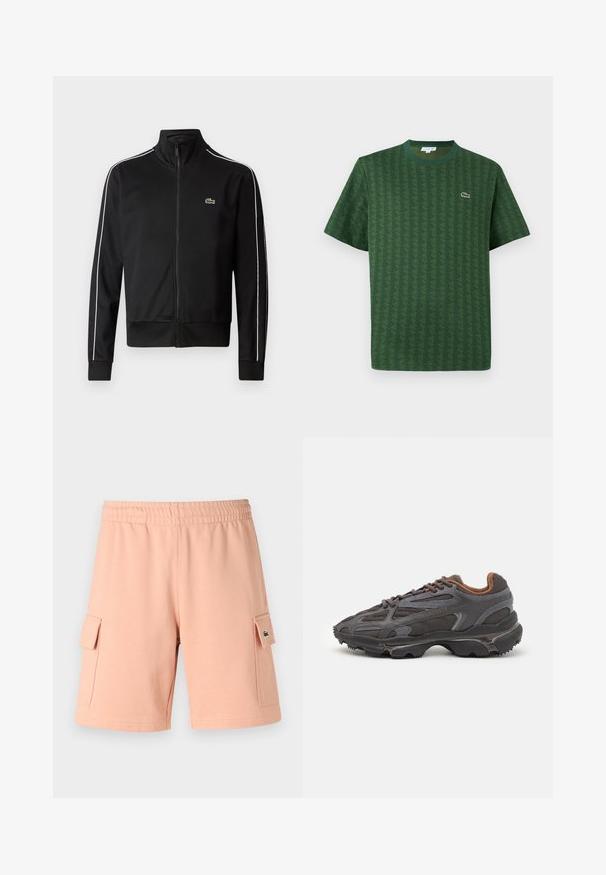 Svart zip-up treningsjakke laget av glatt stoff, med hvite sidelister og en liten grønn logo på brystet. Høy krage-design.; Grønn t-skjorte laget av bomull med et teksturert geometrisk mønster. Har ribbestrikket rund hals og en liten logo på brystet.; Lys rosa shorts laget av bomullsblandingsstoff med elastisk midje, to sidelommer med klaff og en grønn logo aksent.; Lacoste-sneakers i mørkegrått med mesh- og syntetisk materiale, med en teksturert såle og brune detaljer på kragen og merket.
