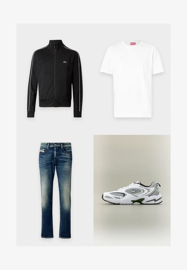 Juodas užtrauktukas sportinis švarkas, pagamintas iš lygios medžiagos, su baltais šonų dryžiais ir mažuoju žaliu logotipu krūtinėje. Aukšto apykaklės dizainas.; Balta trumpomis rankovėmis, apvalia iškirpte, marškinėliai su iškilusiu ovaliu logotipu ant krūtinės ir raudona Diesel prekės ženklo etikete ant apykaklės vidinės pusės.; Tamsiai mėlyni džinsai su išblukusiu plovimu, tiesaus kirpimo, kontrastinga siuvinėta, penkiomis kišenėmis ir mygtukiniu užsegimu juosmens srityje.; Baltos ir pilkos sportinės bėgimo bateliai su tinklinėmis detalėmis, žaliomis akcentais, juodais elementais ir logotipu šonėje, parodyti iš išorės.