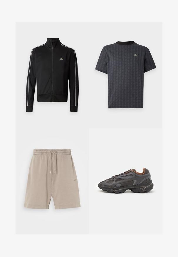 Czarna kurtka dresowa zapinana na zamek, wykonana z gładkiego materiału, z białymi paskami po bokach i małym zielonym logo na piersi. Wysoki kołnierz.; Czarna koszulka z krótkim rękawem z geometrycznym wzorem i zielonym logo krokodyla, z jednolitą czarną okrągłą szyją.; Beżowe bawełniane szorty z elastycznym pasem, z troczkiem i bocznymi kieszeniami. Gładka tekstura z logo nadrukowanym na nodze.; Sneakers Lacoste w ciemnoszarym kolorze, wykonane z siateczki i materiału syntetycznego, z teksturowaną podeszwą oraz brązowymi akcentami na kołnierzu i logotypie.