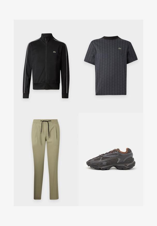 Svart zip-up treningsjakke laget av glatt stoff, med hvite sidelister og en liten grønn logo på brystet. Høy krage-design.; Svart T-skjorte med kort erme som har et geometrisk mønster og en grønn krokodillelogo, med solid svart rund hals.; Khaki bukser i et glat stof med en afslappet pasform, der har en elastisk talje og snøre. Lige ben-design med sideliv.; Lacoste-sneakers i mørkegrått med mesh- og syntetisk materiale, med en teksturert såle og brune detaljer på kragen og merket.