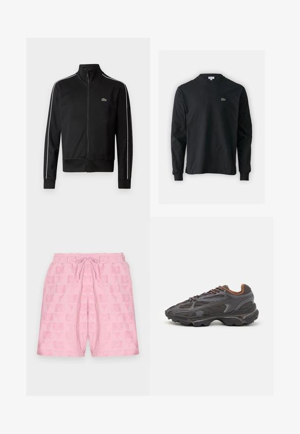 Czarna kurtka dresowa zapinana na zamek, wykonana z gładkiego materiału, z białymi paskami po bokach i małym zielonym logo na piersi. Wysoki kołnierz.; Czarna koszulka z długim rękawem, wykonana z bawełny, z okrągłym dekoltem i małym haftowanym logo krokodyla w kolorze zielonym po lewej stronie klatki piersiowej.; Różowe szorty z elastycznym pasem i sznurkiem; posiadają teksturowany wzór z logo i symbolami na całej tkaninie.; Sneakers Lacoste w ciemnoszarym kolorze, wykonane z siateczki i materiału syntetycznego, z teksturowaną podeszwą oraz brązowymi akcentami na kołnierzu i logotypie.