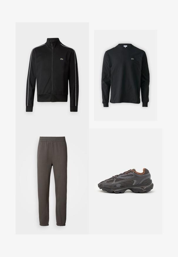 Črna jakna z zadrgo, izdelana iz gladkega materiala, z belimi stranskimi črtami in majhnim zelenim logotipom na prsih. Zasnova z visokim ovratnikom.; Črna dolgi rokavi majica iz bombaža, z okroglim ovratnikom in majhnim zelenim vezenim logotipom krokodila na levem prsnem delu.; Temno sivi trenirki z elastičnim pasom, zoženimi hlačnicami in rebrastimi zaključki. Vsebujejo majhen logotip na stegnu. Izdelano iz mehkega materiala.; Lacoste teniske v temno sivi barvi z mrežasto in sintetično prevleko, s teksturiranim podplatom in rjavimi detajli na ovratniku ter blagovni znamki.