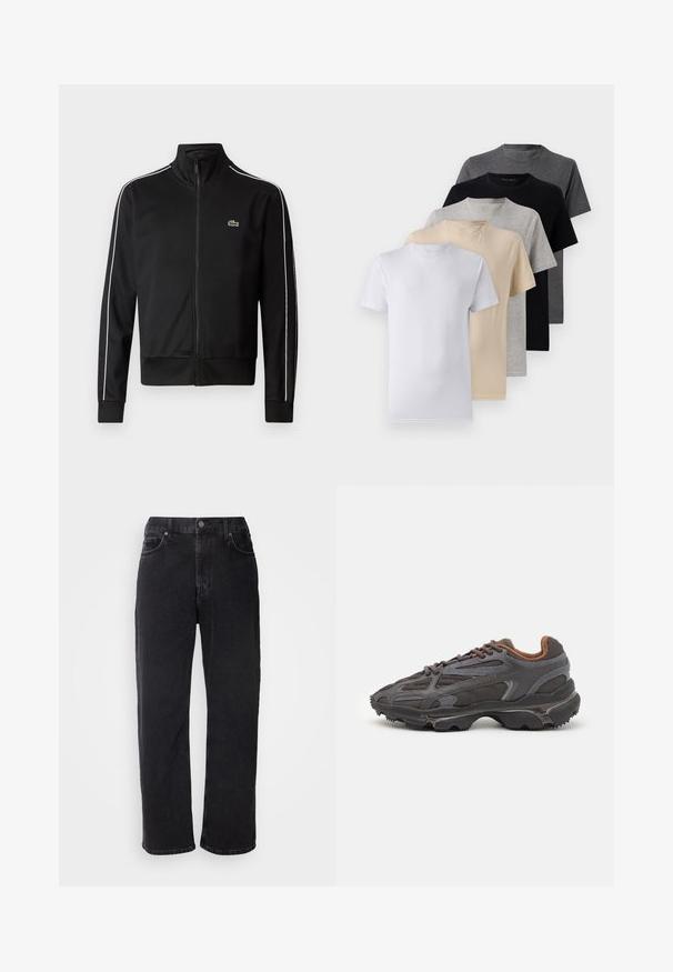 Melnas rāvējslēdzēja sporta jakas, kas izgatavota no gludas auduma, ar baltām sānu svītrām un mazu zaļu logotipu uz krūtīm. Augsts apkakles dizains.; Piecu īsām piedurknēm T-kreklu komplekts baltā, bēšā, gaiši pelēkā, tumši pelēkā un melnā krāsā. Izgatavoti no gludas kokvilnas, ar apaļu kakla izgriezumu.; Melni džinsi ar taisnu griezumu, piecām kabatām un kontrastējošām šuvēm. Aprīkoti ar pogu aizdari un jostas cilpiņām uz jostasvietas.; Lacoste kedas tumši pelēkā krāsā ar acu audumu un sintētisko materiālu, ar teksturētu zoli un brūniem akcentiem apkaklītē un zīmola uzrakstā.