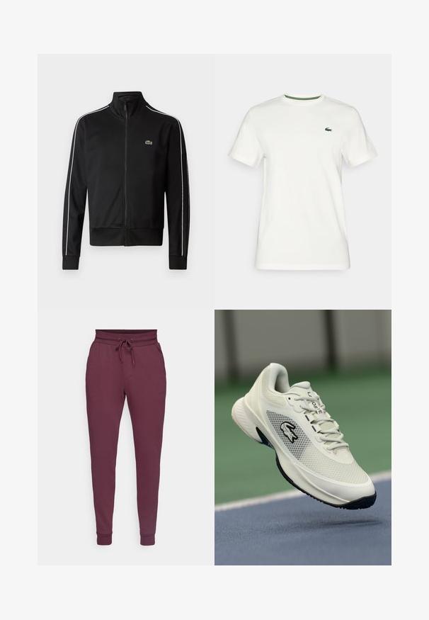 Črna jakna z zadrgo, izdelana iz gladkega materiala, z belimi stranskimi črtami in majhnim zelenim logotipom na prsih. Zasnova z visokim ovratnikom.; Bela bombažna majica s kratkimi rokavi, ki ima zeleno obrobo na ovratniku in majhen zeleni logotip na levem prsnem delu.; Burgundske trenirke iz mešanice bombaža, z vrvico v pasu, dvema stranskima žepoma in elastičnimi manšetami pri gležnjih.; Bela atletska superga z mrežastim zgornjim delom, črnimi akcenti, teksturiranim podplatom in izpostavljenim logotipom na strani, prikazana v ozadju igrišča.