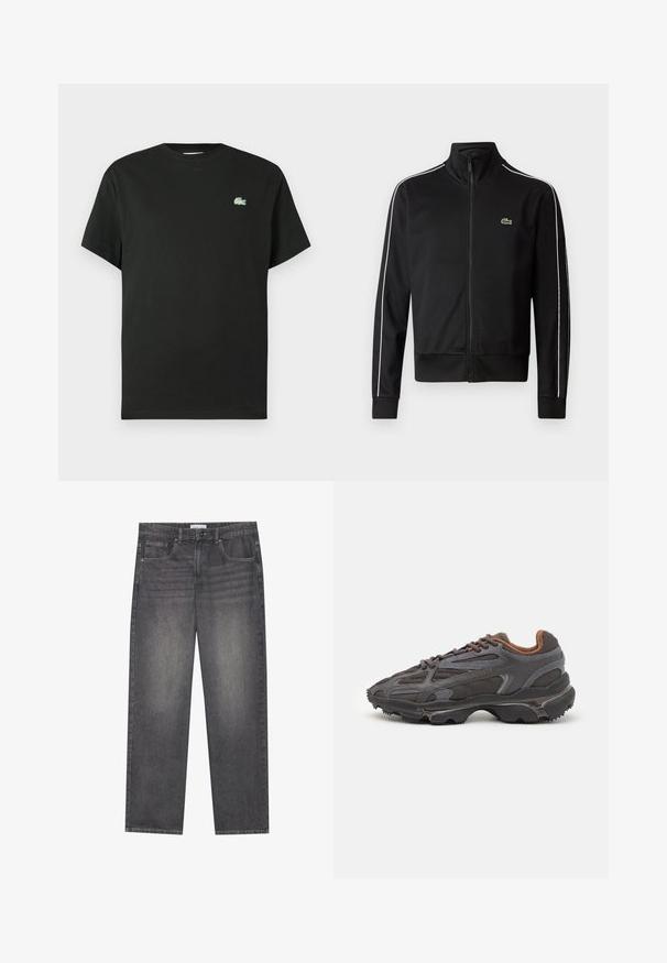 Melnas rāvējslēdzēja sporta jakas, kas izgatavota no gludas auduma, ar baltām sānu svītrām un mazu zaļu logotipu uz krūtīm. Augsts apkakles dizains.; Melna kokvilnas T-krekls ar apaļu apkakli, īsām piedurknēm un zaļu izšūtu logo kreisajā krūtīs. Gluda tekstūra, brīvs piegriezums.; Tumši pelēki džinsu bikses ar taisnu piegriezumu, piecas kabatas, priekšējais pogu aizdare un neliela izbalēšana auduma virsmā.; Lacoste kedas tumši pelēkā krāsā ar acu audumu un sintētisko materiālu, ar teksturētu zoli un brūniem akcentiem apkaklītē un zīmola uzrakstā.