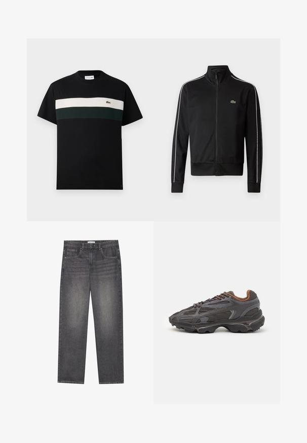 Melnas rāvējslēdzēja sporta jakas, kas izgatavota no gludas auduma, ar baltām sānu svītrām un mazu zaļu logotipu uz krūtīm. Augsts apkakles dizains.; Melna kokvilnas t-krekls ar apaļu kaklu, kuram krūšu daļā ir horizontāla svītra krēmkrāsā un tumši zaļā krāsā, kā arī mazs logo.; Tumši pelēki džinsu bikses ar taisnu piegriezumu, piecas kabatas, priekšējais pogu aizdare un neliela izbalēšana auduma virsmā.; Lacoste kedas tumši pelēkā krāsā ar acu audumu un sintētisko materiālu, ar teksturētu zoli un brūniem akcentiem apkaklītē un zīmola uzrakstā.