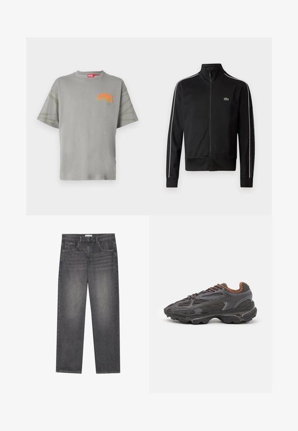 Melnas rāvējslēdzēja sporta jakas, kas izgatavota no gludas auduma, ar baltām sānu svītrām un mazu zaļu logotipu uz krūtīm. Augsts apkakles dizains.; Pelēks kokvilnas T-krekls ar apaļu kakla izgriezumu, pārmērīgu piegriezumu un īsām piedurknēm. Priekšpusē ir oranžs logo un tie-dye akcenti uz piedurknēm.; Tumši pelēki džinsu bikses ar taisnu piegriezumu, piecas kabatas, priekšējais pogu aizdare un neliela izbalēšana auduma virsmā.; Lacoste kedas tumši pelēkā krāsā ar acu audumu un sintētisko materiālu, ar teksturētu zoli un brūniem akcentiem apkaklītē un zīmola uzrakstā.