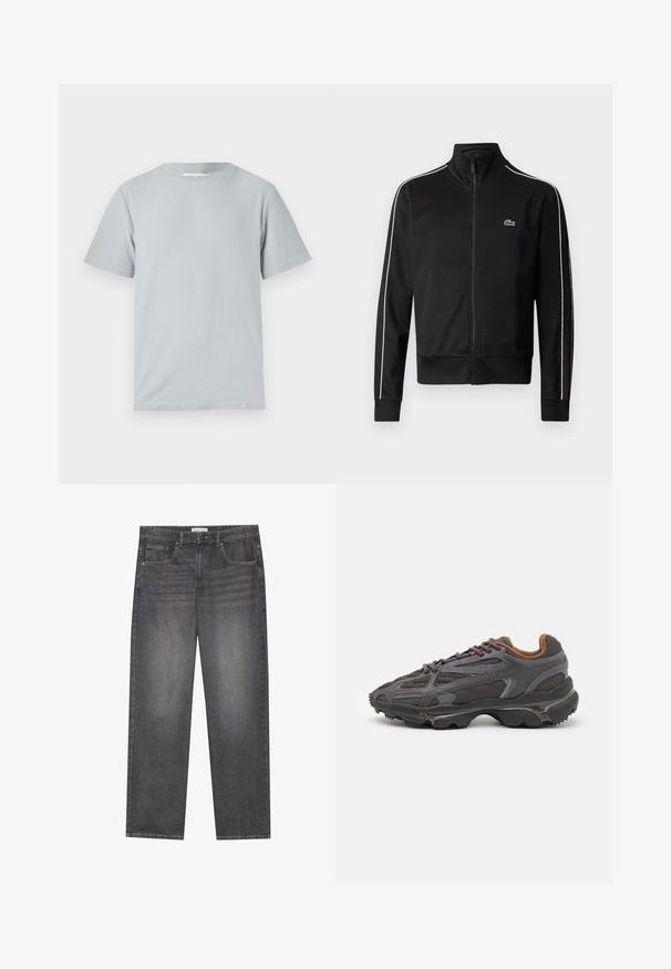 Fekete, sima anyagból készült, cipzáras sportdzseki, fehér oldalsávokkal és egy kis zöld logóval a mellkasán. Magas galléros kialakítás.; Világosszürke, rövid ujjú póló, puha, sima anyagból készült, kerek nyakkivágással és laza fazonnal, látható minták vagy fém kiegészítők nélkül.; Sötétszürke vászon farmernadrág egyenes szabással, öt zsebbel, elöl gombos záródással és enyhe halványodással az anyagon.; Sötét szürke Lacoste sportcipők hálós és szintetikus anyagból, textúrázott talppal és barna díszítésekkel a nyak részen és a logón.