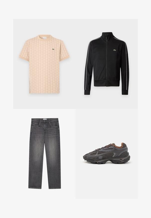 Μαύρο μπουφάν track με φερμουάρ, φτιαγμένο από μαλακό ύφασμα, με λευκές ρίγες στο πλάι και ένα μικρό πράσινο λογότυπο στο στήθος. Σχεδίαση με ψηλό γιακά.; Μπεζ κοντομάνικο μπλουζάκι με γεωμετρικό μοτίβο και πράσινο λογότυπο κροκοδείλου Lacoste στο αριστερό στήθος.; Σκούρο γκρι τζιν παντελόνι με ίσια γραμμή, διαθέτοντας πέντε τσέπες, κλείσιμο με κουμπί μπροστά και απαλές φθορές σε όλη την επιφάνεια.; Αθλητικά παπούτσια Lacoste σε σκούρο γκρι χρώμα, κατασκευασμένα από διχτυωτό και συνθετικό υλικό, με ελαστική σόλα και καφέ λεπτομέρειες στον γιακά και στο branding.