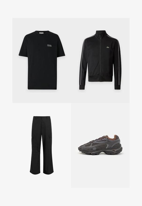 Černá jacket s vysokým límcem na zip vyrobená z hladkého materiálu, se bílými bočními pruhy a malým zeleným logem na hrudi.; Černé bavlněné tričko s krátkým rukávem, kulatým výstřihem a malou bílou výšivkou s nápisem "the new originals" na levé části hrudi.; Černé cargo kalhoty vyrobené z lehkého materiálu, s volným střihem, dvěma velkými bočními kapsami a zapínáním na knoflík.; Sněrovací boty Lacoste v tmavě šedé barvě s síťovinou a syntetickým materiálem, prezentující texturovanou podrážku a hnědé detaily na límci a logu.