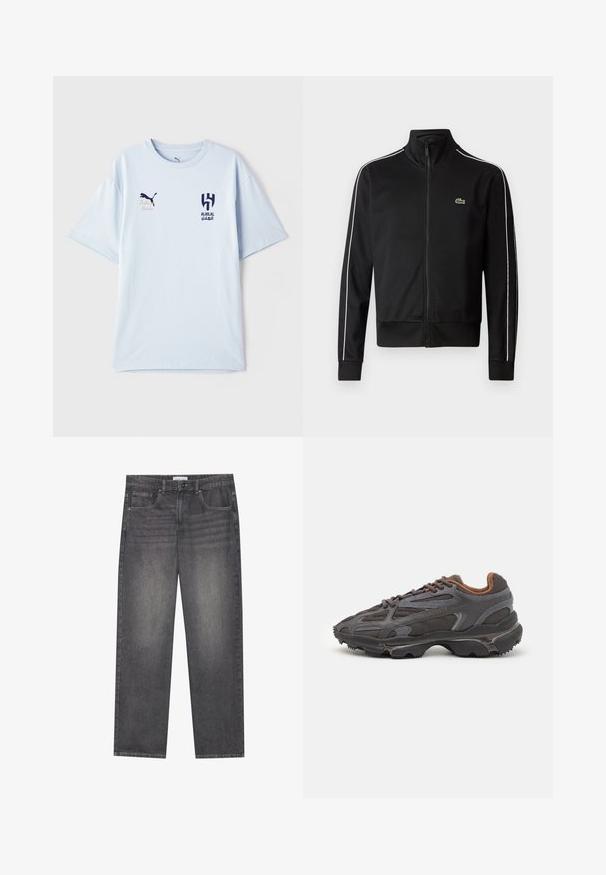 Veste de survêtement noire zippée en tissu lisse, avec des rayures blanches sur les côtés et un petit logo vert sur la poitrine. Conception à col montant.; T-shirt bleu clair à manches courtes en tissu doux, présentant un logo bleu foncé sur la poitrine et des détails brodés.; Jean en denim gris foncé à coupe droite, dotés de cinq poches, d'une fermeture à bouton à l'avant et d'un léger dégradé sur le tissu.; Baskets Lacoste en gris foncé, en matériau mesh et synthétique, avec une semelle texturée et des accents marron sur le col et le branding.