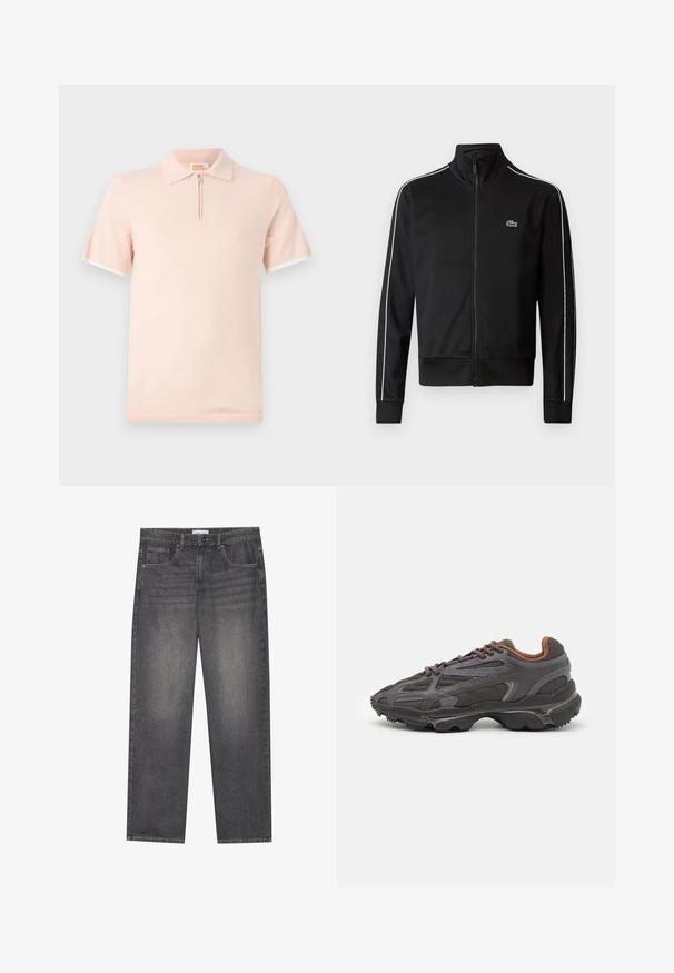 Black zip-up track jacket made of smooth fabric, featuring white side stripes and a small green logo on the chest. High collar design.; Polo shirt in light pink fabric, featuring a short zip closure and contrasting white accents on the sleeves and collar.; Dark gray denim jeans with a straight cut, featuring five pockets, a front button closure, and subtle fading across the fabric.; Lacoste sneakers in dark gray with mesh and synthetic material, featuring a textured sole and brown accents on the collar and branding.