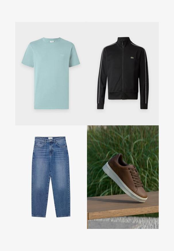 Μαύρο μπουφάν track με φερμουάρ, φτιαγμένο από μαλακό ύφασμα, με λευκές ρίγες στο πλάι και ένα μικρό πράσινο λογότυπο στο στήθος. Σχεδίαση με ψηλό γιακά.; Ανοιχτό μπλε βαμβακερό μπλουζάκι με στρογγυλή λαιμόκοψη και κοντά μανίκια. Έχει ένα μικρό λογότυπο της μάρκας εκτυπωμένο σε λευκό στο στήθος. Απλή σχεδίαση.; Μπλε τζιν παντελόνι με ψηλή μέση, ίσια γραμμή και ξεθωριασμένο φινίρισμα. Διαθέτει πέντε τσέπες και κλείσιμο με κουμπί.; Καφέ δερμάτινο αθλητικό παπούτσι με λευκή καουτσούκ σόλα, στρογγυλή μύτη και καφέ κορδόνια. Υφή πρόσφυσης στη σόλα και λεία επιφάνεια στο πάνω μέρος.