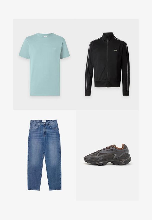 Casaco de treino preto com fecho, feito de um tecido suave, apresentando riscas brancas nas laterais e um pequeno logótipo verde no peito. Design de gola alta.; T-shirt de algodão azul claro com gola redonda e mangas curtas. Apresenta um pequeno logótipo da marca impresso em branco no peito. Design simples.; Jeans de ganga azuis com cintura alta, design de perna reta e acabamento desbotado. Apresenta cinco bolsos e fecho de botão.; Ténis Lacoste em cinza-escuro com material em malha e sintético, apresentando uma sola texturizada e detalhes castanhos na gola e na marca.