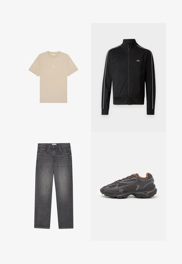 Čierna zipsová tréningová bunda vyrobená z hladkého materiálu, s bielymi postrannými pruhmi a malou zelenou nášivkou na hrudi. Dizajn s vysokým golierom.; Béžové bavlnené tričko s krátkym rukávom a okrúhlym výstrihom. Má malý, stredovo umiestnený grafický prvok "II" v svetlejšom odtieni.; Tmavošedé džínsové nohavice so rovnýmm strihom, obsahujúce päť vreciek, predné zapínanie na gombík a jemné vyblednutie na látke.; Lacoste tenisky v tmavo sivej farbe z nylonu a syntetického materiálu, s textúrovanou podrážkou a hnedými akcentami na golieri a brandingu.