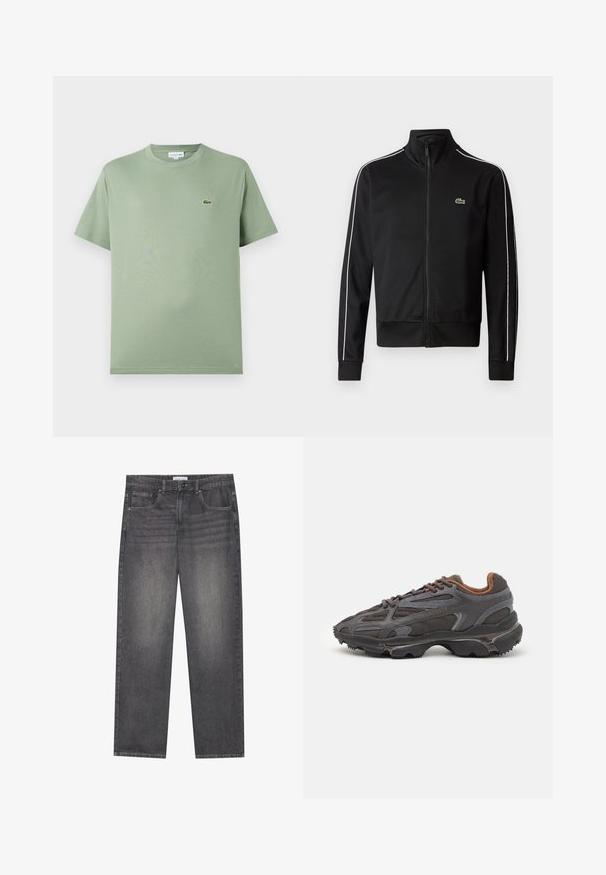 Melnas rāvējslēdzēja sporta jakas, kas izgatavota no gludas auduma, ar baltām sānu svītrām un mazu zaļu logotipu uz krūtīm. Augsts apkakles dizains.; Gai zaļš kokvilnas T-krekls ar apaļu kakla izgriezumu, īsām piedurknēm un nelielu logotipu kreisajā krūtī. Gluda tekstūra, parasts piegriezums.; Tumši pelēki džinsu bikses ar taisnu piegriezumu, piecas kabatas, priekšējais pogu aizdare un neliela izbalēšana auduma virsmā.; Lacoste kedas tumši pelēkā krāsā ar acu audumu un sintētisko materiālu, ar teksturētu zoli un brūniem akcentiem apkaklītē un zīmola uzrakstā.