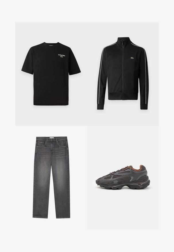 Juodas užtrauktukas sportinis švarkas, pagamintas iš lygios medžiagos, su baltais šonų dryžiais ir mažuoju žaliu logotipu krūtinėje. Aukšto apykaklės dizainas.; Juoda medvilninė marškinėlių su trumpomis rankovėmis, apvaliu kaklu, su balta siuvinėta fraze "Jeu Set et Match" ir žaliu krokodilo logotipo akcentu.; Tamsiai pilkos džinsinės kelnės su tiesiu kirpimu, turinčios penkias kišenes, priekinį knopkopį ir švelnų išblukimą audinyje.; Lacoste sportbačiai tamsiai pilki, pagaminti iš tinklinės ir sintetinių medžiagų, su tekstūruotu padu ir rudomis detalėmis ant apykaklės bei prekės ženklo.