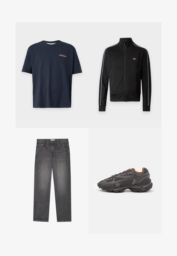 Černá jacket s vysokým límcem na zip vyrobená z hladkého materiálu, se bílými bočními pruhy a malým zeleným logem na hrudi.; Námořnická modrá bavlněná tričko s krátkým rukávem. Na přední straně je malá vyšitá logo "GUESS JEANS" v červené a bílé barvě. Kulatý výstřih, standardní střih.; Tmavě šedé džíny z denimu se rovnýmsakem, které mají pět kapes, zapínání na knoflík v přední části a jemné blednutí na látce.; Sněrovací boty Lacoste v tmavě šedé barvě s síťovinou a syntetickým materiálem, prezentující texturovanou podrážku a hnědé detaily na límci a logu.