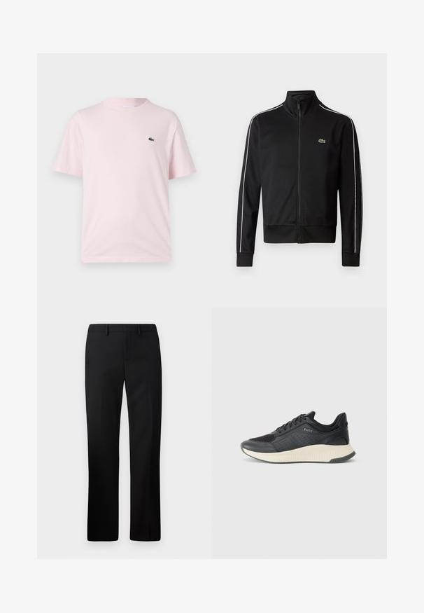 Melnas rāvējslēdzēja sporta jakas, kas izgatavota no gludas auduma, ar baltām sānu svītrām un mazu zaļu logotipu uz krūtīm. Augsts apkakles dizains.; Gaiši rozā kokvilnas T-krekls ar īsām piedurknēm. Uz kreisā krūšu daļas ir maza zaļa izšūta logo. Ar apaļu kakla dizainu.; Melnas pielāgotas bikses ar taisnu kāju dizainu, izgatavotas no gludas auduma. Iespējas ietver plakanu priekšpusi un vidēja augstuma jostas vietu.; Melnas sporta kedas ar sietveida augšdaļu ar perforācijām, teksturētu vidusdaļu krēmkrāsā un gumijas zoli nodrošinot saķeri.