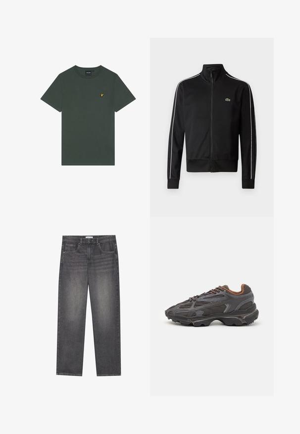 Juodas užtrauktukas sportinis švarkas, pagamintas iš lygios medžiagos, su baltais šonų dryžiais ir mažuoju žaliu logotipu krūtinėje. Aukšto apykaklės dizainas.; Tamsiai žalia medvilninė marškinėliai su apvalia iškirpte ir trumpomis rankovėmis. Kairėje krūtinės pusėje yra mažas geltonos spalvos siuvinėtas logotipas.; Tamsiai pilkos džinsinės kelnės su tiesiu kirpimu, turinčios penkias kišenes, priekinį knopkopį ir švelnų išblukimą audinyje.; Lacoste sportbačiai tamsiai pilki, pagaminti iš tinklinės ir sintetinių medžiagų, su tekstūruotu padu ir rudomis detalėmis ant apykaklės bei prekės ženklo.